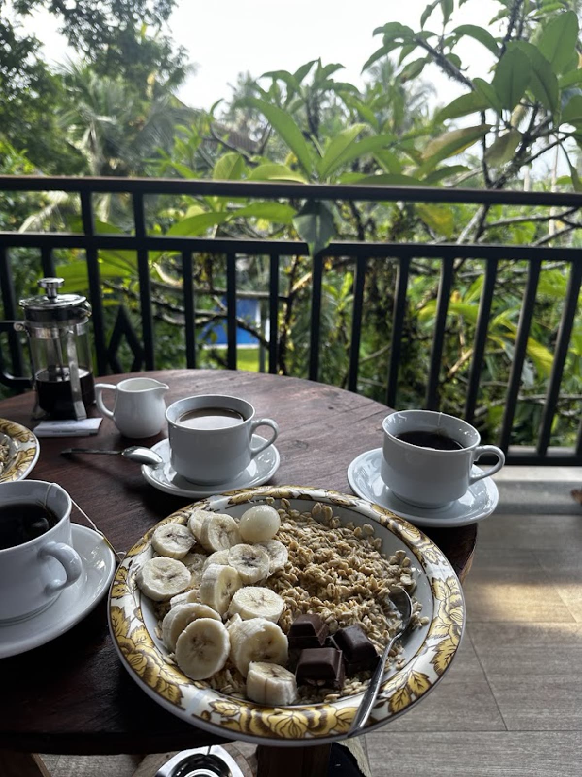 Balkonda kahvaltı: French press, yulaf, muz ve orman